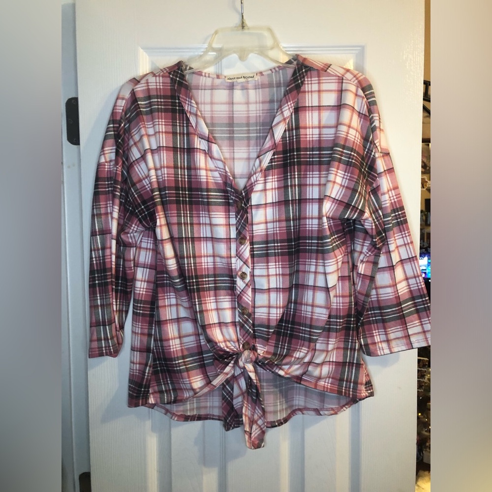 pink and white plaid detailed tie up, button up blouse